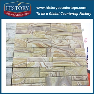 China Golden Natural Surface Sandstone Cultured Stone for Interlocking Exposed Decorative Wall Cladding Panels, Backside Covering
