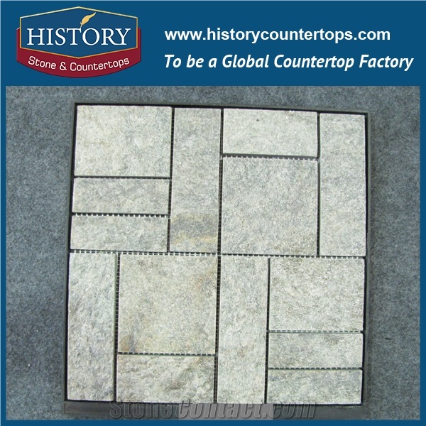 China History Stone Light Green Square and Rectangle Joint Pattern Slate Stone Mosaic Wall Covering, Floor Paving