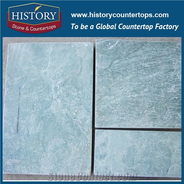 Chinese Factory Direct Sales Green Color Natural Split Waterproof Rectangular Slate Stone Tiles for Paver, Non-Slip Washroom Floor Tiles