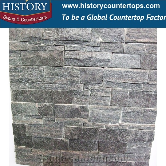 Chinese History Stone Natural Black Stacked Quartzite Building Cultured Stone for Interlocking Exposed Feature Wall Cladding, Decorative Walling Panels and Veneers