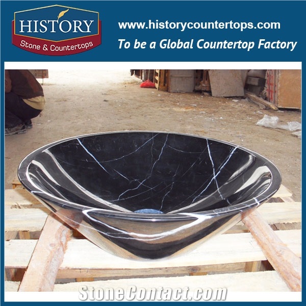 Exported Western Style Competitive Lower Price Beautiful Shape Polished Nero Margiua Black Color Marble Bathroom Round Vanity Sink for Outdoor, Indoor