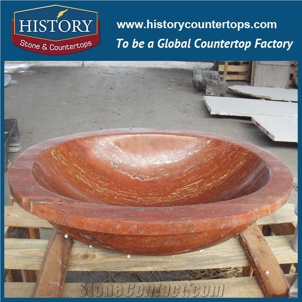 Factory Wholesale Supply Low Price Red Travertine Stone Bali Carved Oval Bathroom Washing Basin, Bathroom Sink, Kitchen Sink