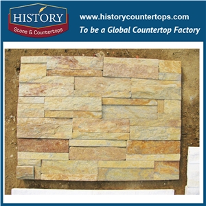 Golden Quartzite Wall Decoration Irregular Pattern Culture Stone, Wall Cladding Ledge Stone