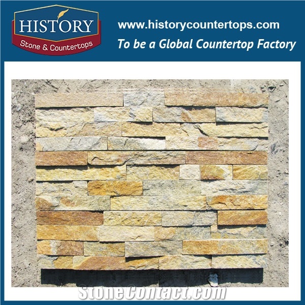 Golden Quartzite Wall Decoration Irregular Pattern Culture Stone, Wall Cladding Ledge Stone