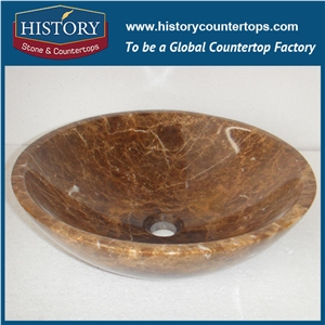 Hand Carved Western Design Classical Dark Emperador Marble Stone Custom Single Bowl, Double Kitchen Round Sink with Wide Edge