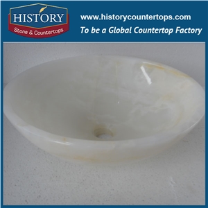 History 2017 Popular Elegant Hotel Design Directly Factory Carved Bathroom Stone Sink, New Design Column Pots White Onyx Round Basin
