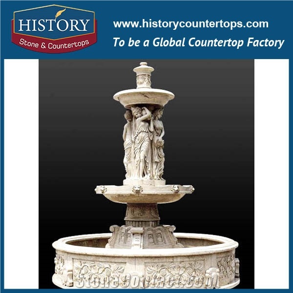 History Stone Attractive and Durable Fountain, Yellow Granite New Designs Carved Floral Base Fountain with Holding Jar Standing Woman for Park Decoration, Decorative Exterior Stone Fountain