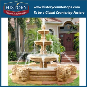 History Stone Attractive and Durable Fountain, Yellow Granite New Designs Carved Petal Shaped Pool Fountain with Standing Woman and Child for Park Decoration, Decorative Exterior Stone Fountain