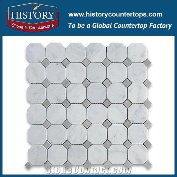 History Stone Attractive Guangdong Supplier Best Price Reliable Quality, Honed Bianco Carrara White Marble 2 Inches Octagon with Grey Dots Mosaic Tiles, Decorative Flooring and Wall Mosaic