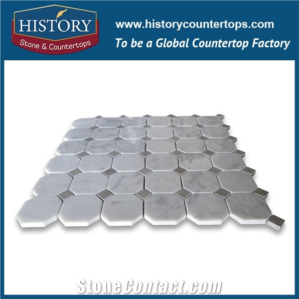 History Stone Attractive Guangdong Supplier Best Price Reliable Quality, Honed Bianco Carrara White Marble 2 Inches Octagon with Grey Dots Mosaic Tiles, Decorative Flooring and Wall Mosaic
