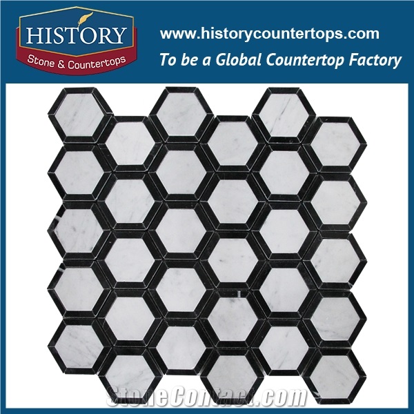 History Stone Beautiful Design Cheap Price, Bianco Carrara White and Black Marble Hexagon Mosaic Tile for Kitchen Backsplash and Tv Background Wall, Decorative Mixed Color Marble Mosaic