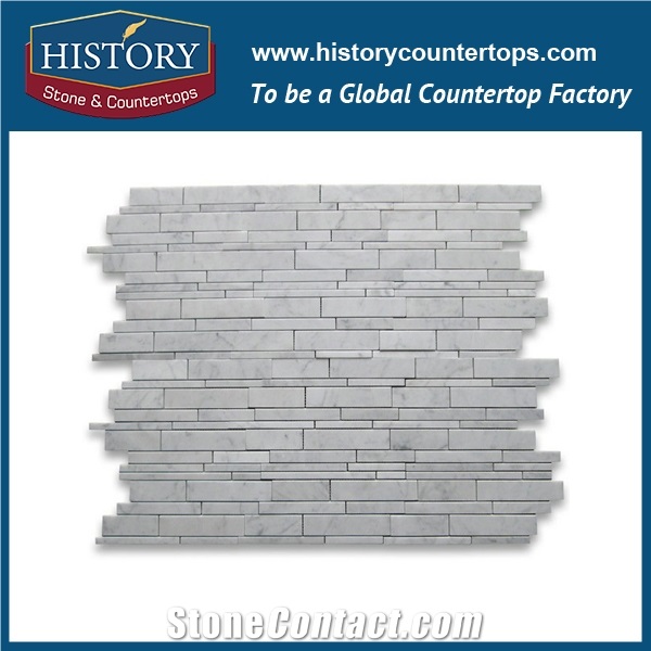 History Stone Beautiful Design Made in China, Natural Honed Bianco Carrara White Marble Natural Stone Grand Brick Linear Pattern Mosaic Tile for Kitchen Backsplash and Tv Background Wall