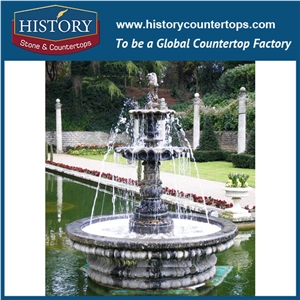 History Stone Certificated China Produced Fountain, Yellow Granite New Designs Tiered Carved Round Base Fountain with Holding Jar Woman for Park Decoration, Decorative Exterior Stone Fountain