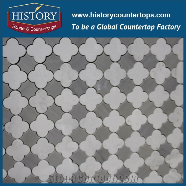 History Stone Certificated Shandong Supplier in Stock Quality Assured, White and Grey Carrara Arabesque Pattern Mosaic Tile from Newzealand, Swimming Pool Designs Mixed Color Marble Mosaic