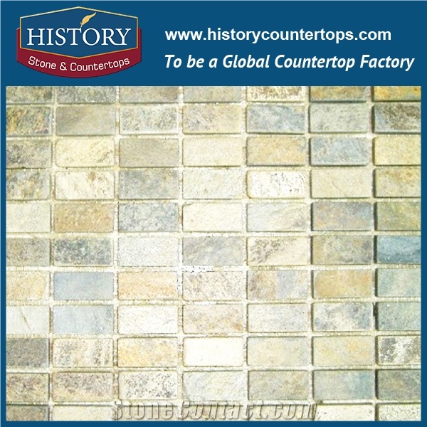 History Stone China Dark Golden Bricks Type Nature Slate Art Mosaic Stone for Washroom Kitchen Walling, Floor Covering