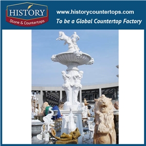 History Stone China Guangdong Factory Carved Fountain, High Quality White Marble Large Western Style Fountain with Carved Fine Horses and Pool, Sculptured Water Fountain