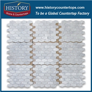 History Stone China Manufacturer Fine Quality, Honed Natural Carrara White Marble 1.25×3 Elongated Hexagon Pattern Decorative Mosaic Tiles for Bathroom, Living Room, Ktv, Bedroom, Hotel