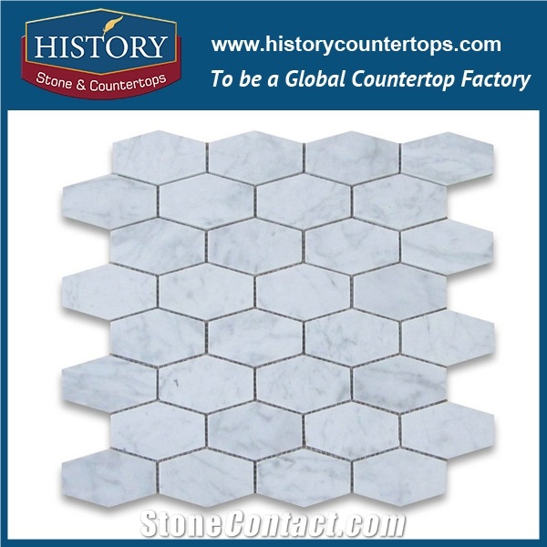 History Stone China Manufacturer Fine Quality, Honed Natural Carrara White Marble 1.25×3 Elongated Hexagon Pattern Decorative Mosaic Tiles for Bathroom, Living Room, Ktv, Bedroom, Hotel