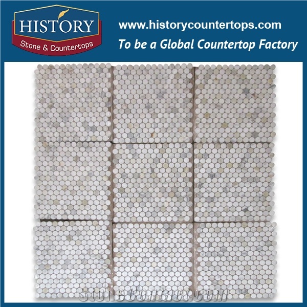 History Stone China Outlet Discount Price, Home Decoration Polished Calacatta Gold White Marble Penny Round Pattern Mosaic for Kitchen Backsplash and Bathroom Tile Ideas, Decorative Flooring Mosaic