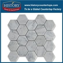 History Stone China Reliable Factory Modern Design, Hot Sale Natural Polished Bianco Carrara White Marble 3 Inches Hexagon Pattern Wall and Flooring Mosaic Tiles for Hotel, Villa, Lobby Decoration