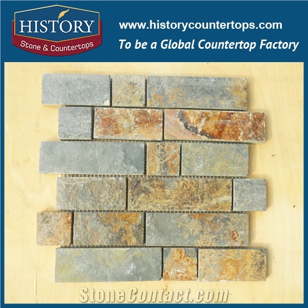 History Stone China Rustic Color Natural Slate Stone Narrow and Wide Rectangle Joint Pattern Mosaic Type for Sale