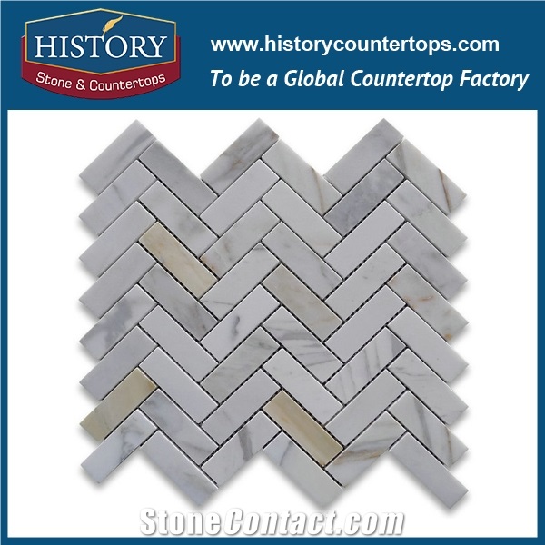 History Stone China Shandong Supplier Competitive Price, Honed Calacatta Gold Marble 1×3 Herringbone Pattern Mosaic Tile for Bathroom Wall and House Decoration, Floor & Mural Mosaic