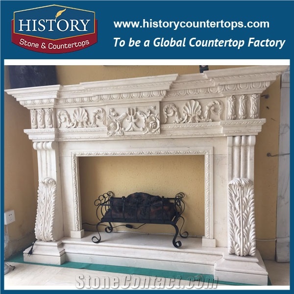 History Stone Chinese Competitive Price Wholesale Products in Stock, High Quality Sale Modern Style Luxury Design Beige Marble Fireplace Surround with Carved Leaves and Flowers, Mantel & Handcrafts