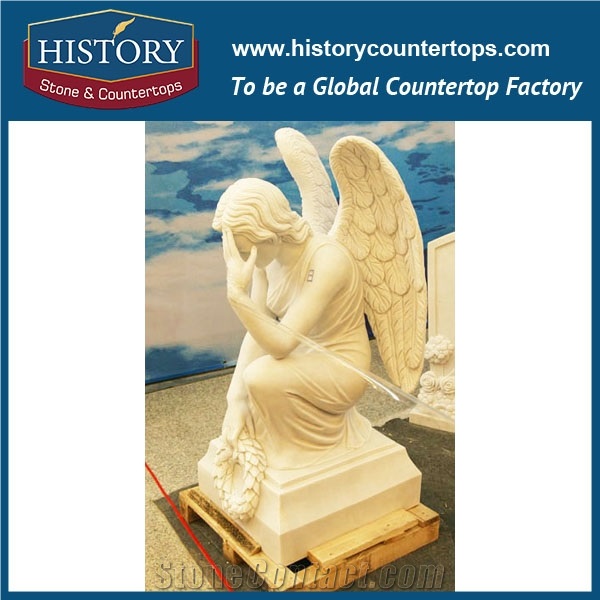 History Stone Chinese Competitive Price Wholesale Products in Stock, High Quality White Marble Angel Downing Head with Wreath in Hand Statue for Decorations, Human Sculptures Handcrafts