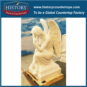 History Stone Chinese Competitive Price Wholesale Products in Stock, High Quality White Marble Angel Downing Head with Wreath in Hand Statue for Decorations, Human Sculptures Handcrafts