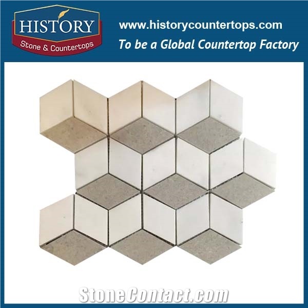 History Stone Chinese Famous Brand Quanzhou Supplier Perfect Products Classical Carrara White and Black Marble 3 D Mixed Diamond Shaped Mosaic Tiles for Bathroom, Wall and Floor Decoration Mosaic