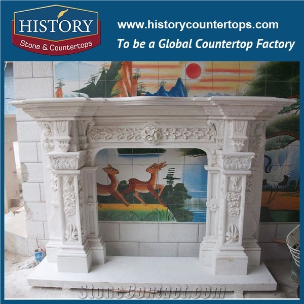 History Stone Chinese Hot-Selling High Quality Wholesale Home Decorative Products, Elaborate Design High Polished White Marble Freestanding Fireplaces with Multiple Floral Columns, Mantel & Handcrafts