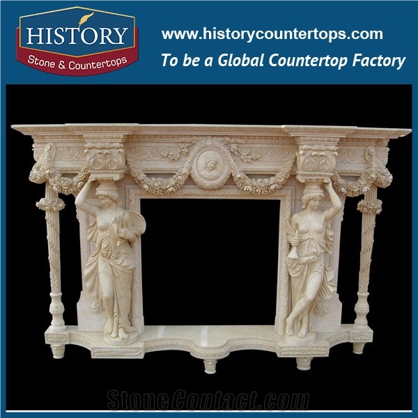 History Stone Chinese Hot-Selling High Quality Wholesale Indoor Used Products, Elaborate Design Beige Limestone Fancy Carved Fireplaces Frame with Woman Statue, Mantel Surround & Handcrafts