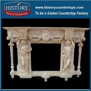 History Stone Chinese Hot-Selling High Quality Wholesale Indoor Used Products, Elaborate Design Beige Limestone Fancy Carved Fireplaces Frame with Woman Statue, Mantel Surround & Handcrafts
