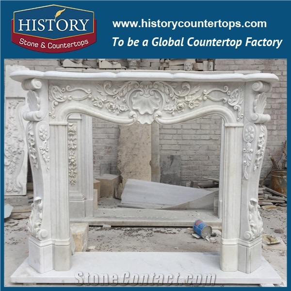 History Stone Chinese Hot-Selling High Quality Wholesale Indoor Used Products, Elaborate Design High Polished White Marble Palladian English Fireplaces with Carved Flowers, Mantel & Handcrafts