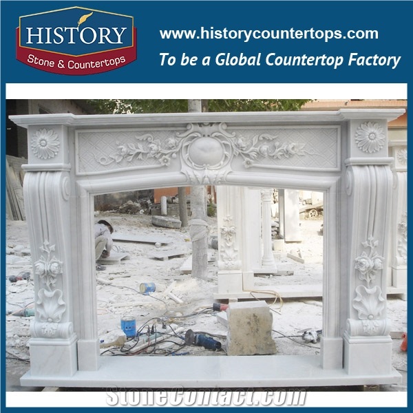 History Stone Chinese Hot-Selling High Quality Wholesale Indoor Used Products, Elaborate Design White Marble Fancy Carved Fireplaces Frame with Flowers, Mantel Surround & Handcrafts