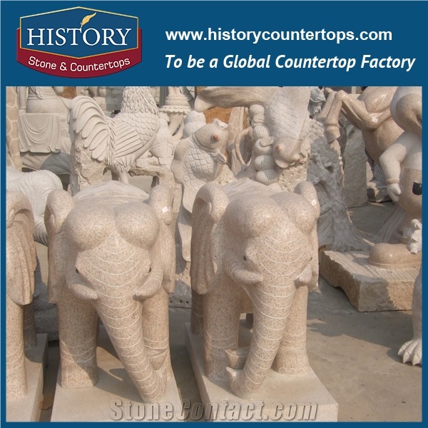 History Stone Chinese Hot-Selling New Design High Quality Wholesale Products, Yellow Granite Hand-Carved Exquisite a Pair Of Out Door Elephants with Cheap Price, Animal Sculptures & Handcrafts