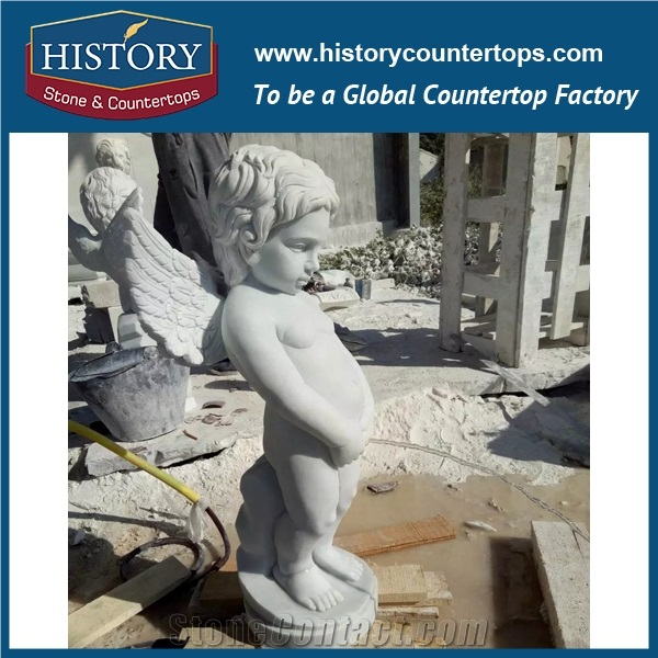 History Stone Chinese Hot-Selling New Design Wholesale Products, Natural Marble White Hand-Carved Lovely Cherub Peeing Statue for Decorations with Cheap Price, Human Sculptures Handcrafts