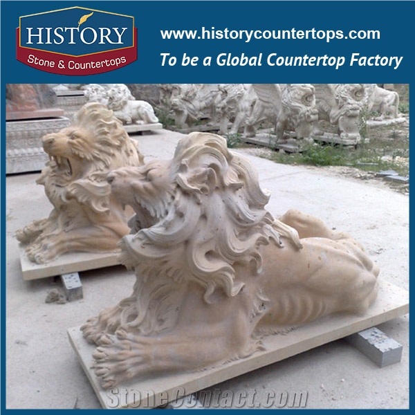History Stone Chinese Hot-Selling Perfect Wholesale Products, Granite Yellow Color Cut-To-Size Hand-Carved Decorative Front Door Lions Stone Statue for Decorations, Animal Sculptures Handcrafts