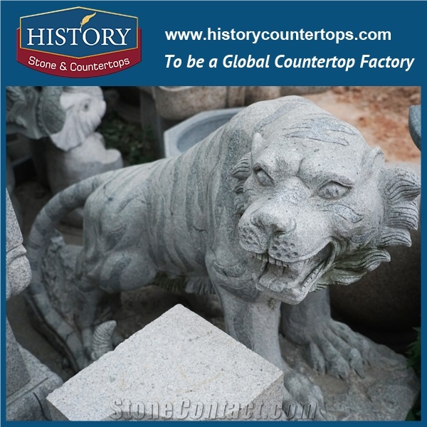 History Stone Chinese Hot-Selling Wholesale Products, Granite Grey Color Cut-To-Size Hand-Carved Decorative Roaring Tigers Statue for Decorations, Animal Sculptures & Handcrafts