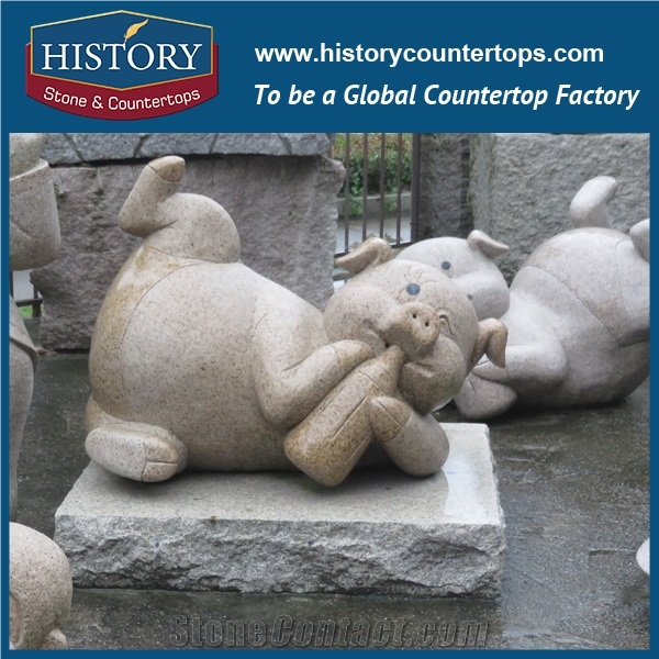 History Stone Chinese Hot-Selling Wholesale Products, Granite Yellow Color Cut-To-Size Hand-Carved Exquisite Siding-On Pigs with Feeder Statue for House Decorations, Animal Sculptures & Handcrafts