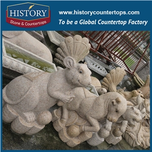History Stone Chinese Hot-Selling Wholesale Products, Granite Yellow Color Cut-To-Size Hand-Carved Exquisite Siding-On Pigs with Feeder Statue for House Decorations, Animal Sculptures & Handcrafts