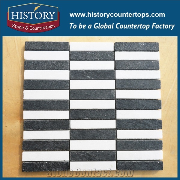 History Stone Chinese Supplier Mosaic Pattern White and Black Color Rectangle for Washroom Wall Cladding, Decorative Backside Covering