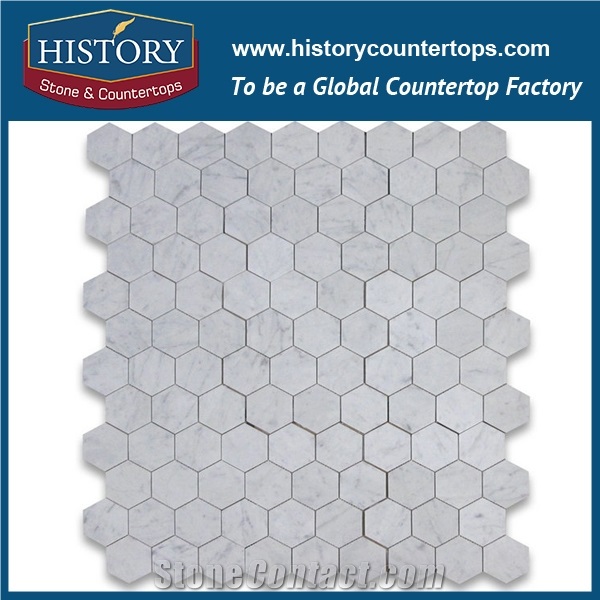 History Stone Contemperaroy Fujian Manufacturer Hot Seller, Popular Pattern Honed Carrara White Marble 4 Inches Hexagon Mosaic Tiles for Kitchen Backsplash, Bathroom Wall, Swimming Pool