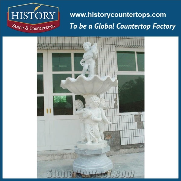 History Stone Economic Fountain by Famous Producer in Quanzhou, Natural Beige Travertine Luxury Design Wall Mounted Water Garden Fountain with Hand Carved Cherubs, Sculptured Stone Fountain