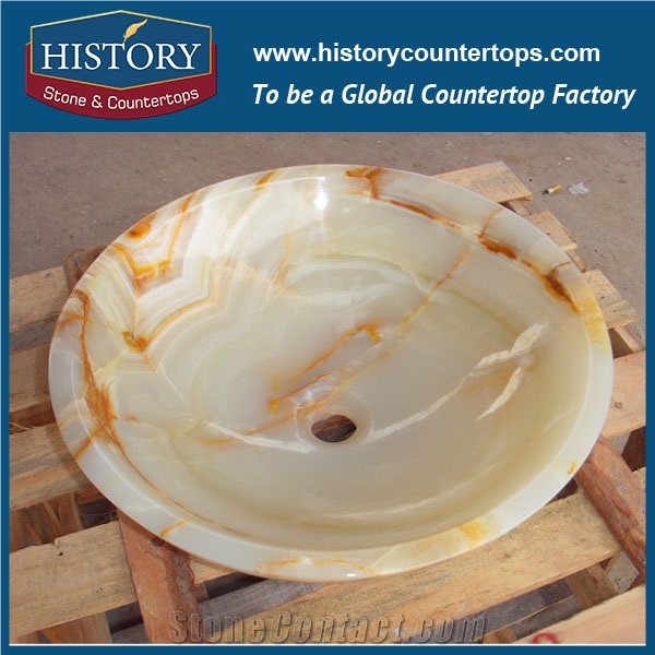History Stone Factory Wholesale Price Pure Hand Craft Discount Bathroom & Kitchen White Onyx Stone Round Sink with Pedestal