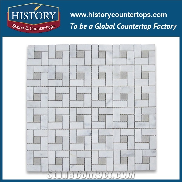 History Stone Famous Fujian Factory Best Style Popular Hot Selling, Natural Honed Carrara White Marble Pinwheel Pattern with Grey Dots Mosaic Tiles for Kitchen Backsplash and Tv Background Wall