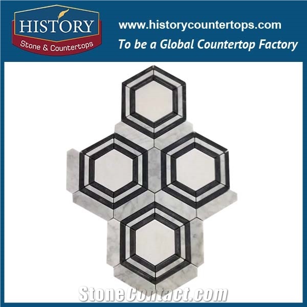 History Stone Famous Guangdong Factory 2017 Best Style, Natural Carara White and Black 3 D Mixed Hexagon Mosaic Tile for Exterior Wall , Decorative Floor & Mural Mixed Color Marble Mosaic