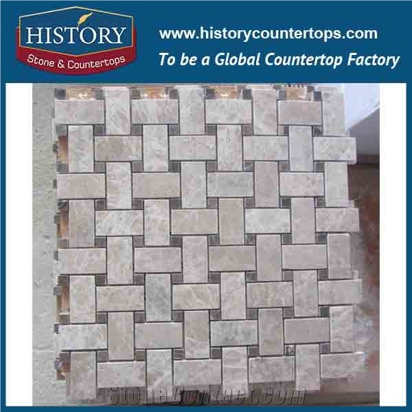 History Stone Famous Guangdong Supplier with Factory Price Quick Delivery, Natural Light Emperador Marble Linear Strips Pattern Mosaic Tiles for Kitchen Backsplash, Bathroom Wall, Swimming Pool