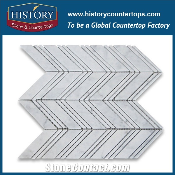 History Stone Famous Guangdong Supplier with Factory Price, Wholesale Full Polished Bianco Carrara White Marble Natural Stone 1×4 Chevron Pattern Mosaic Tiles, Wall & Flooring Stone Mosai
