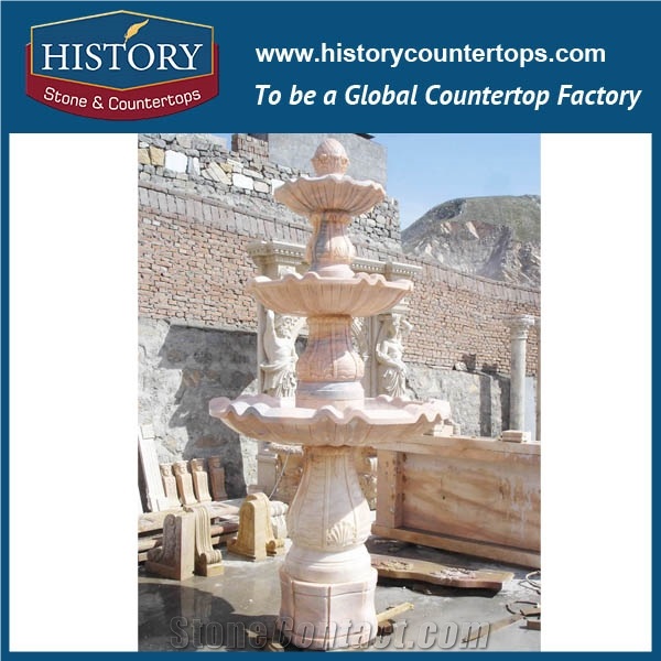 History Stone Famous Made in China with Factory Price, Luxury Design Yellow Granite Handmade Fountain Waterfall with Carved Lions Nozzles for Landscaping Ornament, Decorative Water Fountain